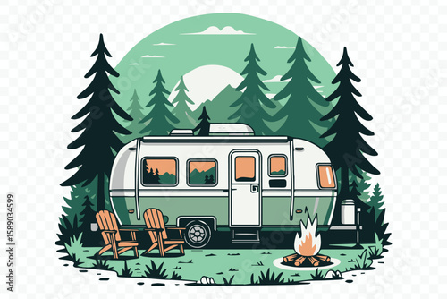 outdoor camping vector graphic featuring vintage camper trailer, glowing campfire, pine forest scenery and folding chairs in evening light