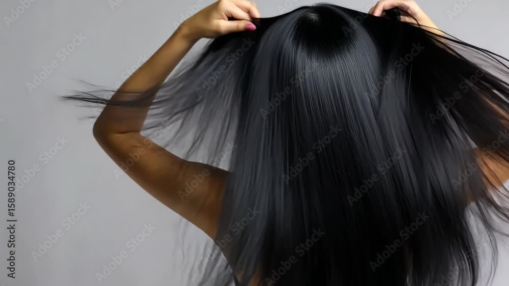 A person with long black hair stands against a light gray backdrop, showcasing the smooth texture and shine of their hair