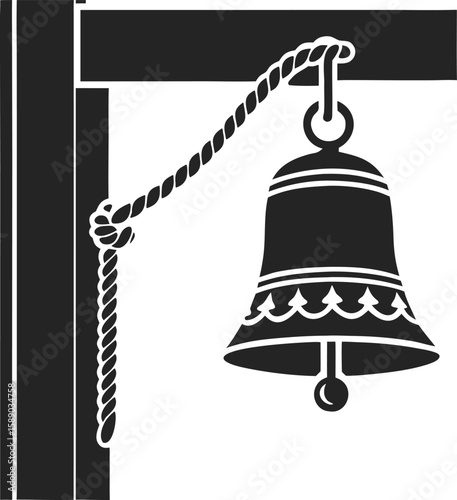 School bell silhouette design with rope and wooden support vector illustration