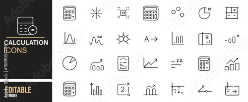 Vector illustration of calculation and data icons for business, finance, and education content.