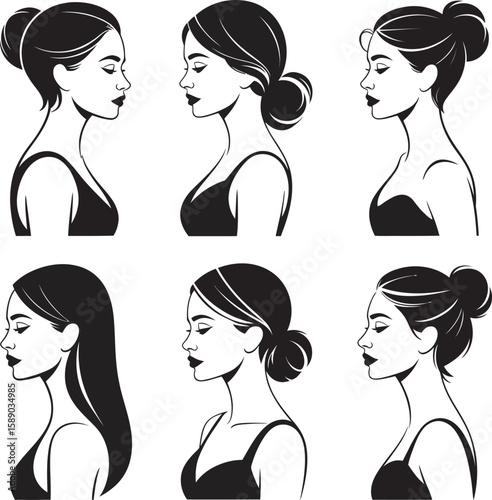 Collection of six black and white profile illustrations of women s heads and shoulders