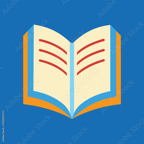 Open illustrated book with pages and bold colors in a flat design style