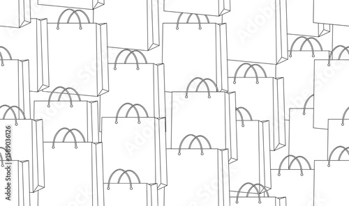 Seamless pattern of paper shopping bags outline. Handled retail bag icons in repeat layout. Ideal for packaging, commerce, market, wrapping, eco print.