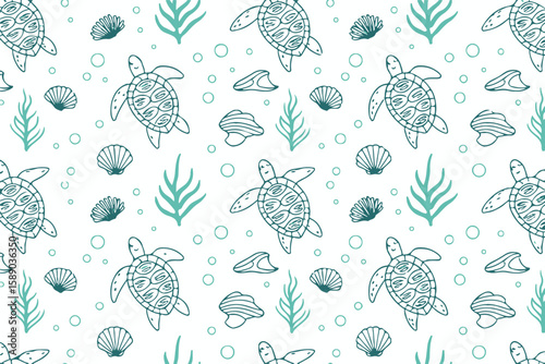 ocean inspired seamless sea turtle pattern vector with tropical shells and coral for fabric prints, greeting cards, and invitation backgrounds