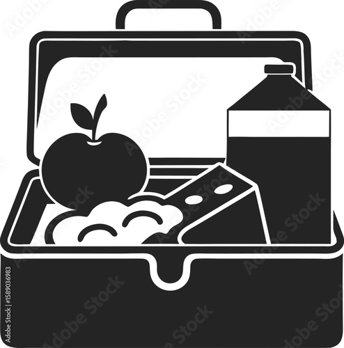 Black lunchbox silhouette design with fruits and drinks for healthy eating concept