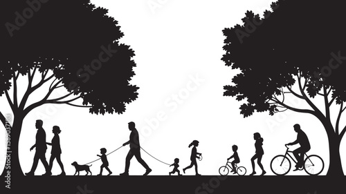 Diverse group of people and pets enjoying outdoor activities under trees