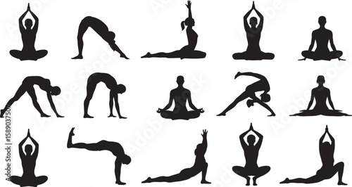 Collection of black silhouettes of people performing various yoga poses on white background