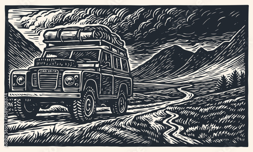 An off-road vehicle on an adventure trip through a rugged mountain landscape. Vector illustration in a detailed, vintage woodcut or linocut style.