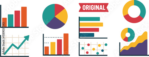 Collection of colorful flat design charts and graphs for data visualization