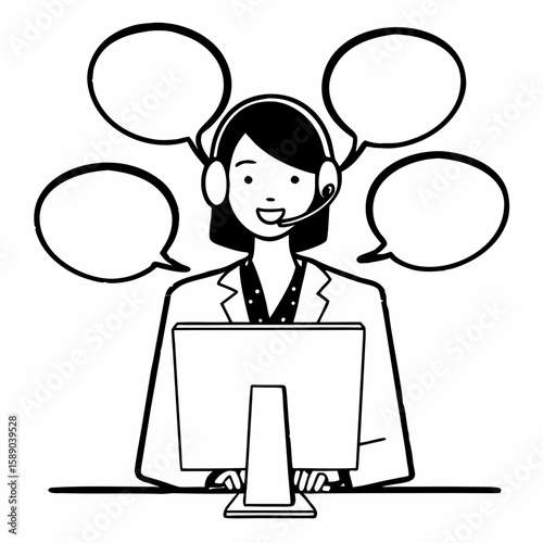 Line art of a call center agent wearing headset, with speech bubbles, computer screen, and smile, simple and clean outline illustration