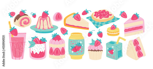 Various strawberry desserts set. Sweet food with strawberry flavor. Flat style sweet vector illustrations collection isolated