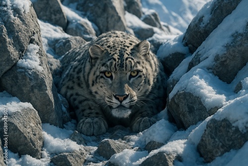 Snow Leopard Crouching on Rocky Cliff in Winter