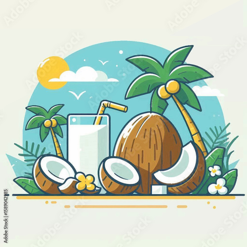 A bright cartoon scene features coconuts a glass of coconut milk palm trees the sun and clouds