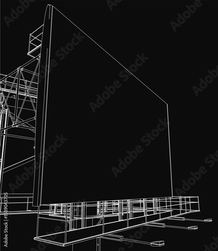 A white line vector illustration of an outdoor billboard outline on a black background, featuring a clean and simple design. This editable template is ideal for advertising concepts or urban signage.