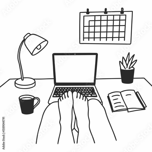 Line art of a person working remotely at home with a laptop, coffee cup, and calendar on the wall, minimalist black and white illustration, no shading