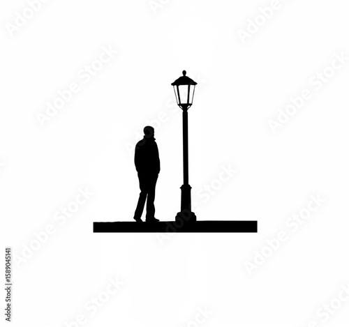Silhouette of lonely figure standing beside streetlight on white background