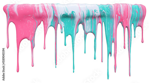 Vibrant Dripping Paint Texture with Pink and Turquoise Colors on Transparent Backdrop