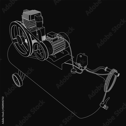 A black and white contour drawing of an air compressor on a dark background highlights intricate details like pistons, valves, and mechanical components.