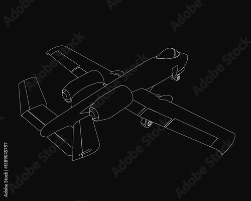 A black and white contour drawing of a combat UAV aircraft isolated on a dark background. The unmanned aerial vehicle features sharp, detailed outlines with a futuristic military design.