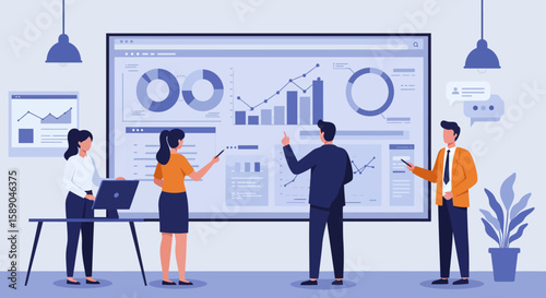 Four people are looking at a large digital display showing charts and graphs
