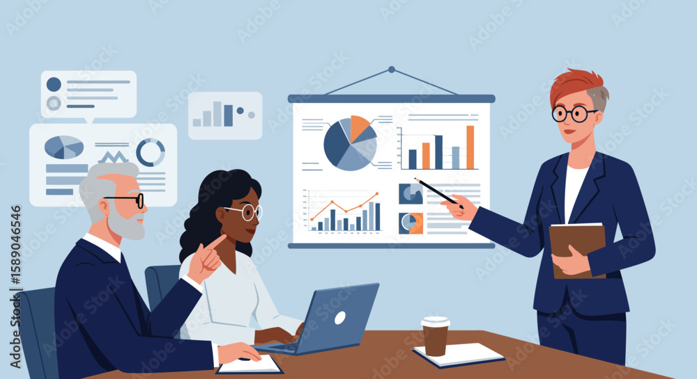 Fototapeta premium Business meeting with three people presenting and discussing charts