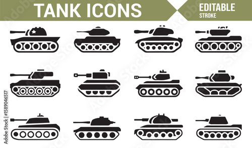 A collection of black-and-white tank illustrations for use in military, warfare, and combat-themed projects.