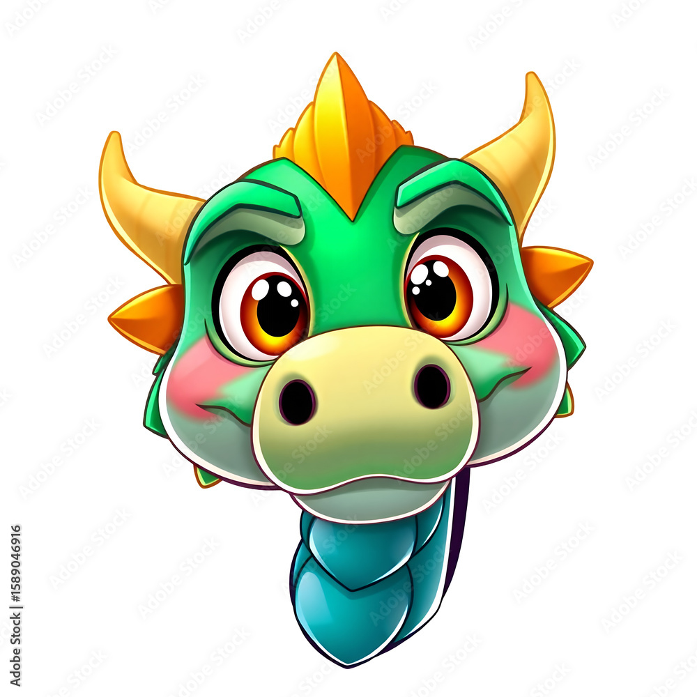 Fototapeta premium A charming digital illustration of a cute green dragon head with large eyes and playful expression.