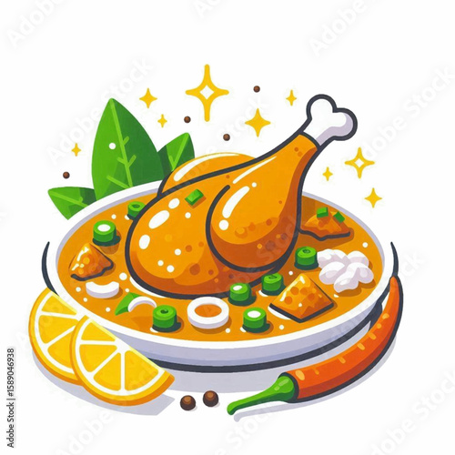 A cartoon depiction of a bowl of chicken curry with lemon wedges chili pepper and other ingredients