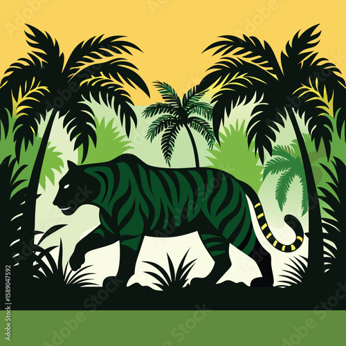 Majestic Stalking Tiger Silhouette in Jungle Walk Pose