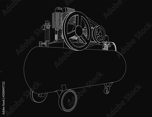 Black and white contour drawing of an air compressor with detailed components on a dark background. The stark contrast highlights the mechanical structure and intricate design.