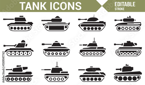 Military tank icons featuring various designs of combat vehicles for defense-related content.