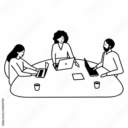 Line art of diverse business team collaborating around a table with laptops, tablets, and coffee, clean modern outlines, no color