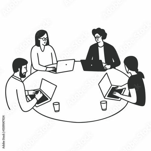 Line art of diverse business team collaborating around a table with laptops, tablets, and coffee, clean modern outlines, no color