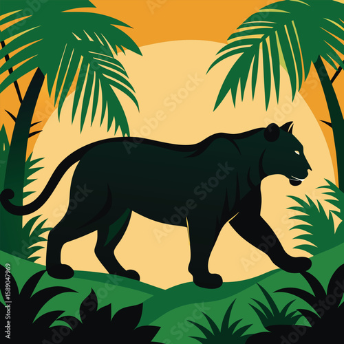 Majestic Stalking Tiger Silhouette in Jungle Walk Pose