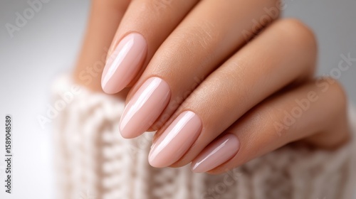 Wallpaper Mural Close-up of well-groomed female hand with elegant nude manicure on a beige sweater. Torontodigital.ca