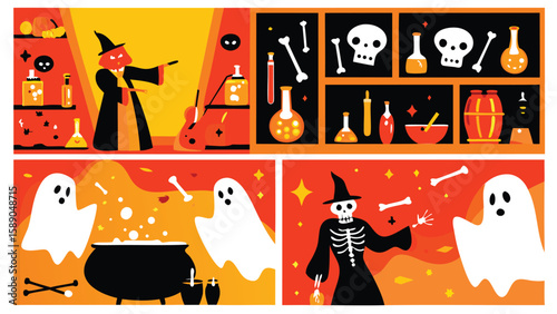 Halloween scenes featuring a witch, skeletons, ghosts, potions, and a cauldron in a festive layout