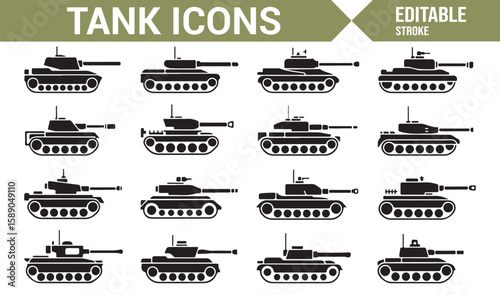 A set of simple line icons featuring different tank designs for military and army-related content.