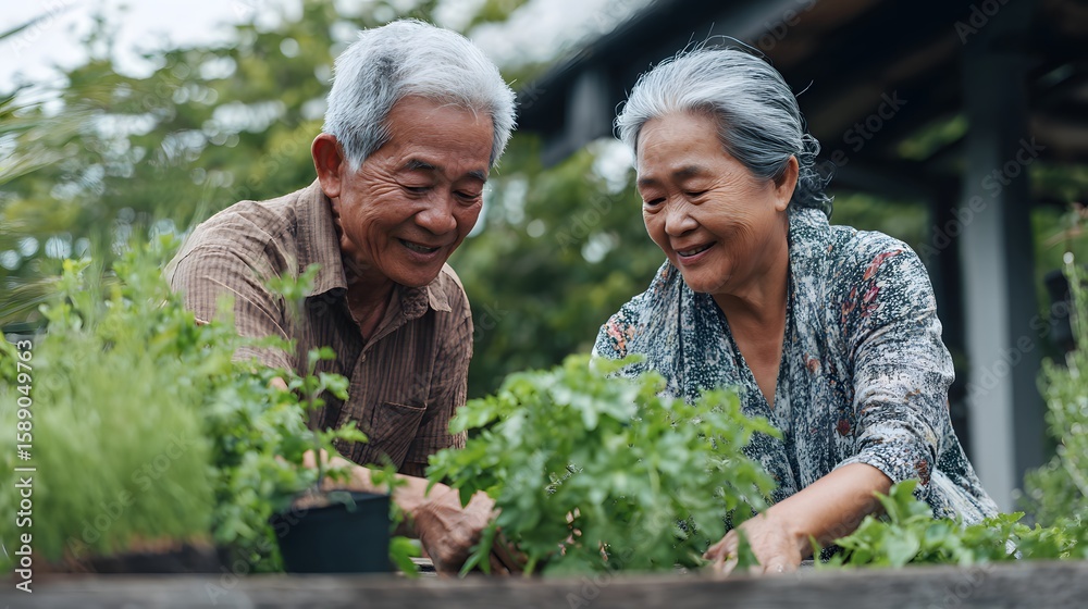 Fototapeta premium Happy senior couple gardening together asian elderly people enjoying retirement hobby outdoor lifestyle
