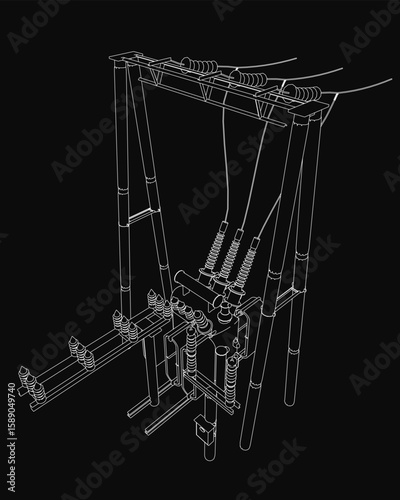 A 3D wireframe model of a high voltage power line transformer, featuring intricate electrical contours against a black background. Detailed substation structure highlights the complex design.