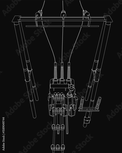 A high voltage transformer in black and white, featuring intricate wires and components for power distribution. The detailed contour drawing stands out against a dark background.