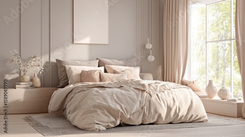 Bright and airy bedroom with large windows, elegant decor, and soft neutral tones.