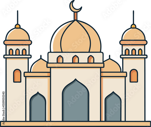 A Simple Illustration of a Grand Mosque Building with Minarets and a Dome
