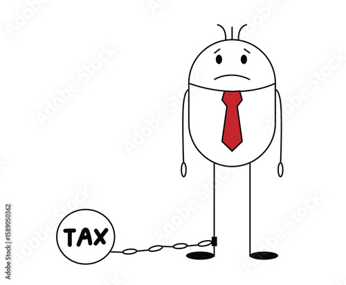 Unhappy Stick Figure Business Man Shackled to Tax Weight. People having financial difficulties vector art