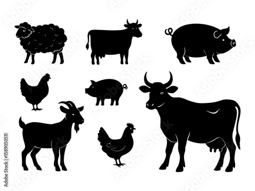 Collection of black silhouettes of farm animals including a sheep two cows two pigs two chickens and a goat all isolated on white background