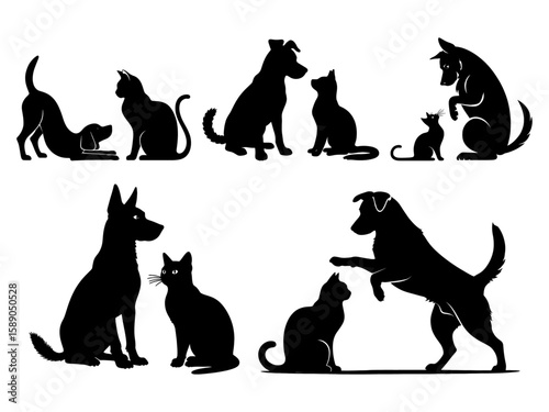 Collection of black silhouette domestic animals including cats and dogs in various poses interacting with each other isolated on white background