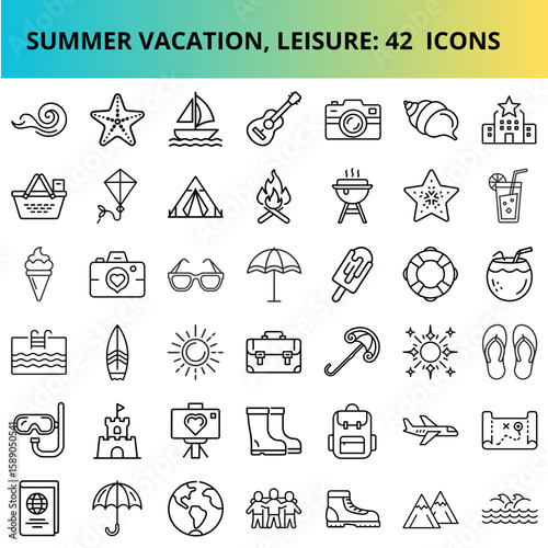 Summer vacation leisure icons in minimalist line art style  