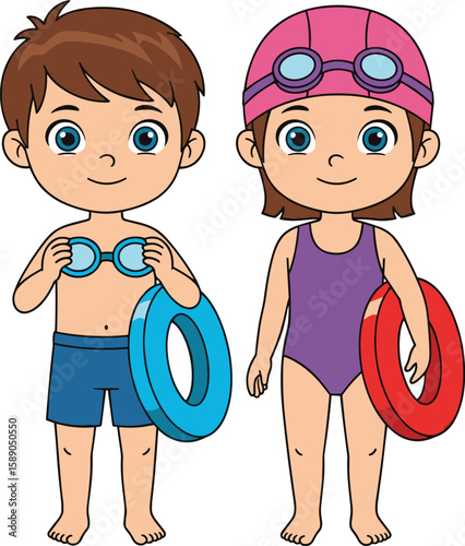 Happy Kids Ready for Summer Swim Fun: Adorable Boy and Girl with Goggles and Inner Tubes for Beach or Pool Adventures, Vacation, and Leisure