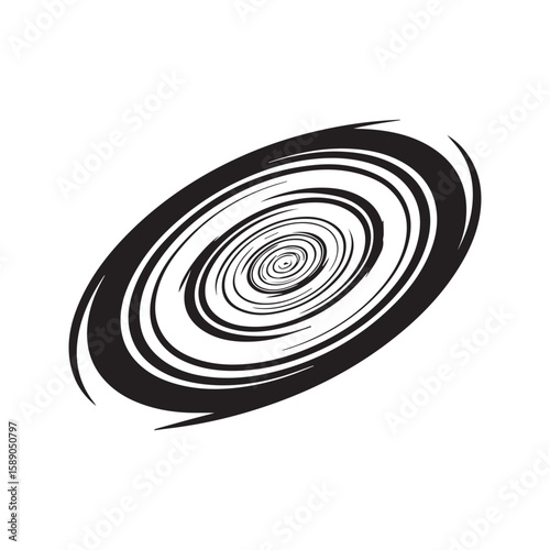 Abstract elliptical spiral, black and white vortex graphic with a perspective view, symbolizing a galaxy, whirlpool, or infinite tunnel.