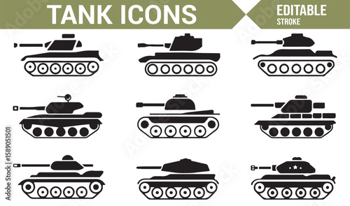 A collection of military tank icons, ideal for use in defense and warfare-themed content.