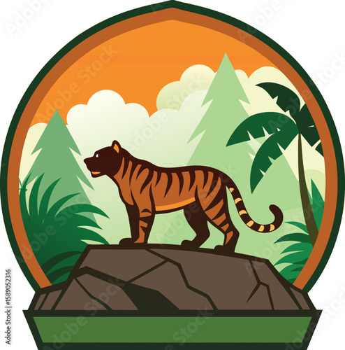 Tiger on Rock Silhouette with Jungle Badge Background
